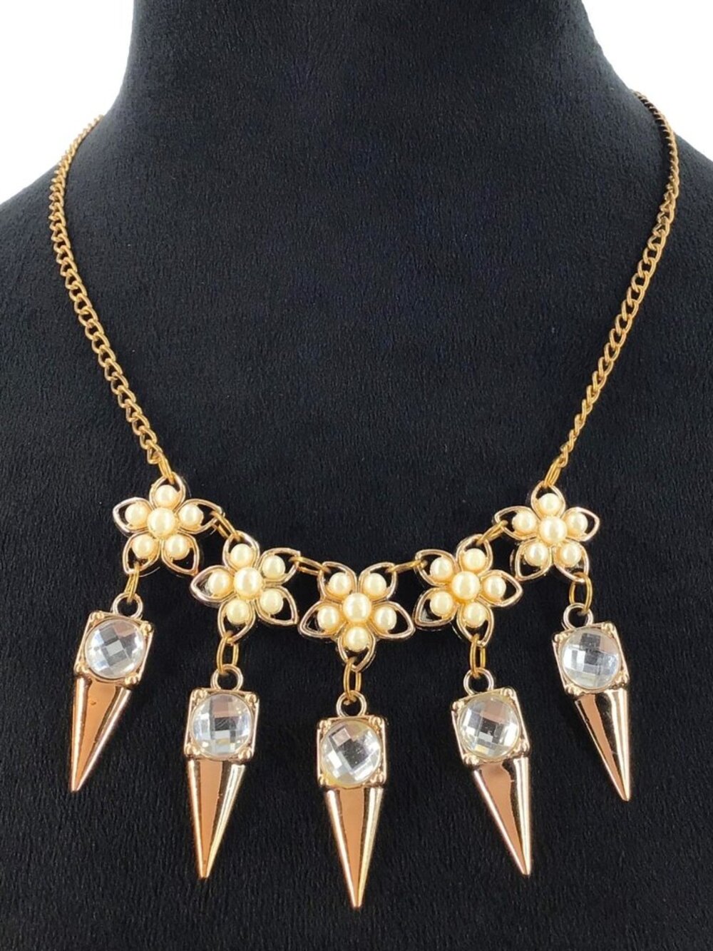 Spike Fringe Necklace Faux Pearl Flowers Gold Tone Rhinestone Womens Jewelry